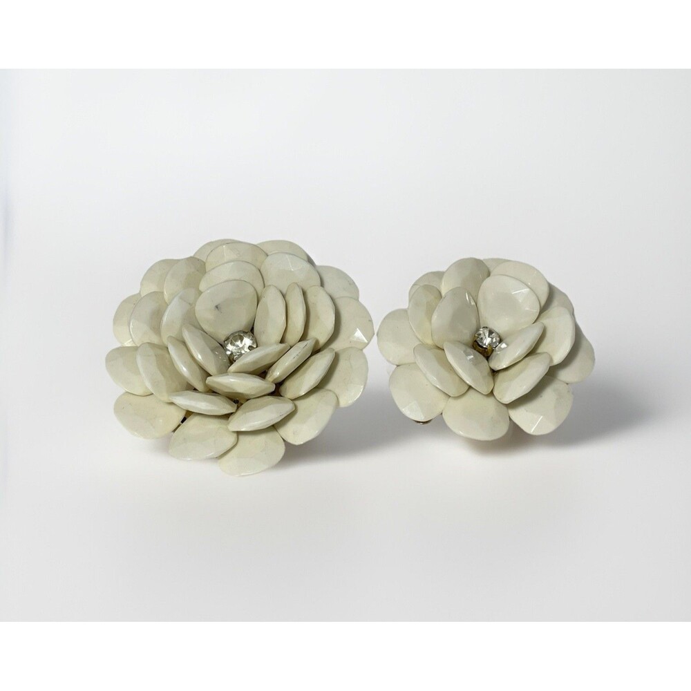 Vintage Cream White Faceted Flower Pendant Set Rhinestone Center Jewelry Lot 2